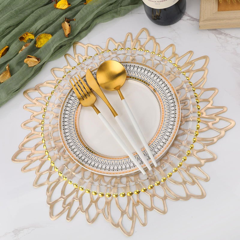 AdasBridal Gold Round Placemats for Dinner Table Set of 6 Hollow-Out Vinyl Place Mats for Kitchen Table Decor Wedding Accent Centerpiece Table Mats - Image 2